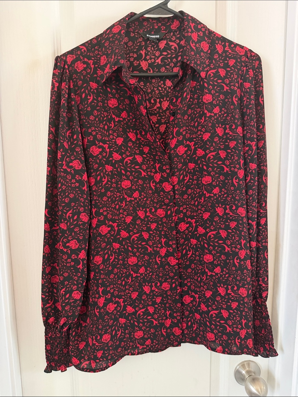 Express Black Button-Down Shirt with Red Floral Print